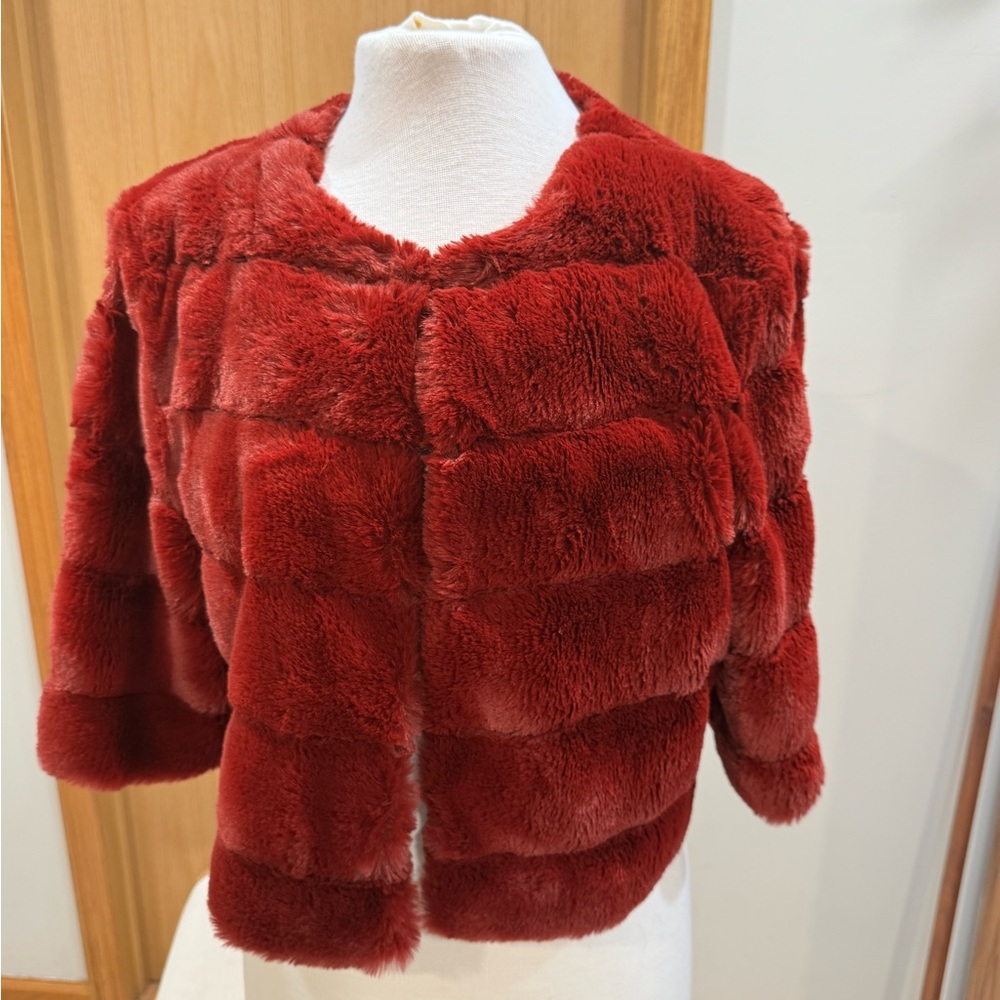 White House Black Market Plush Red Faux Fur Cropped Jacket